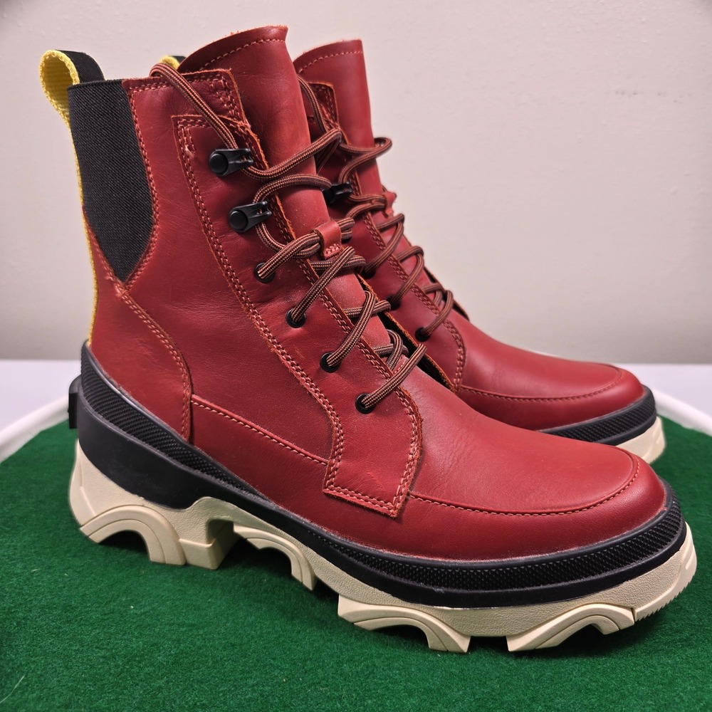 Sorel Waterproof Brex Leather Boots Womens 8.5 Lace Canyon Red Black NL4305-849